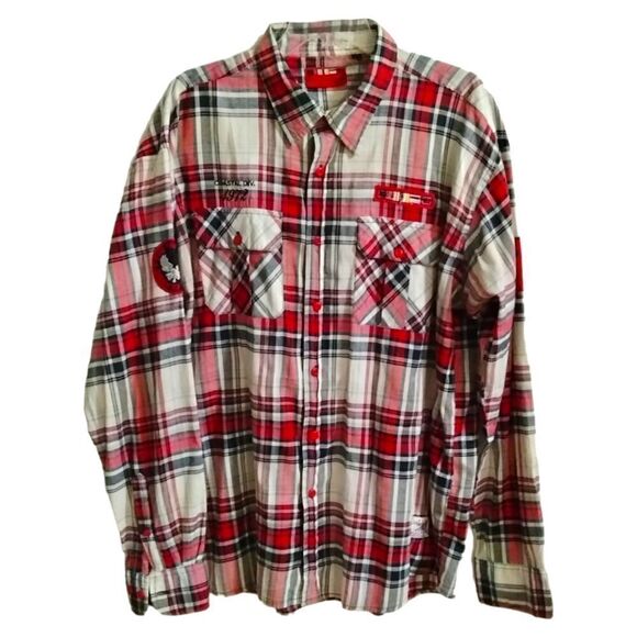 Evolution in Design Long Sleeve Button Down Shirt Sz 2XL White Red Black Patches - Picture 1 of 8